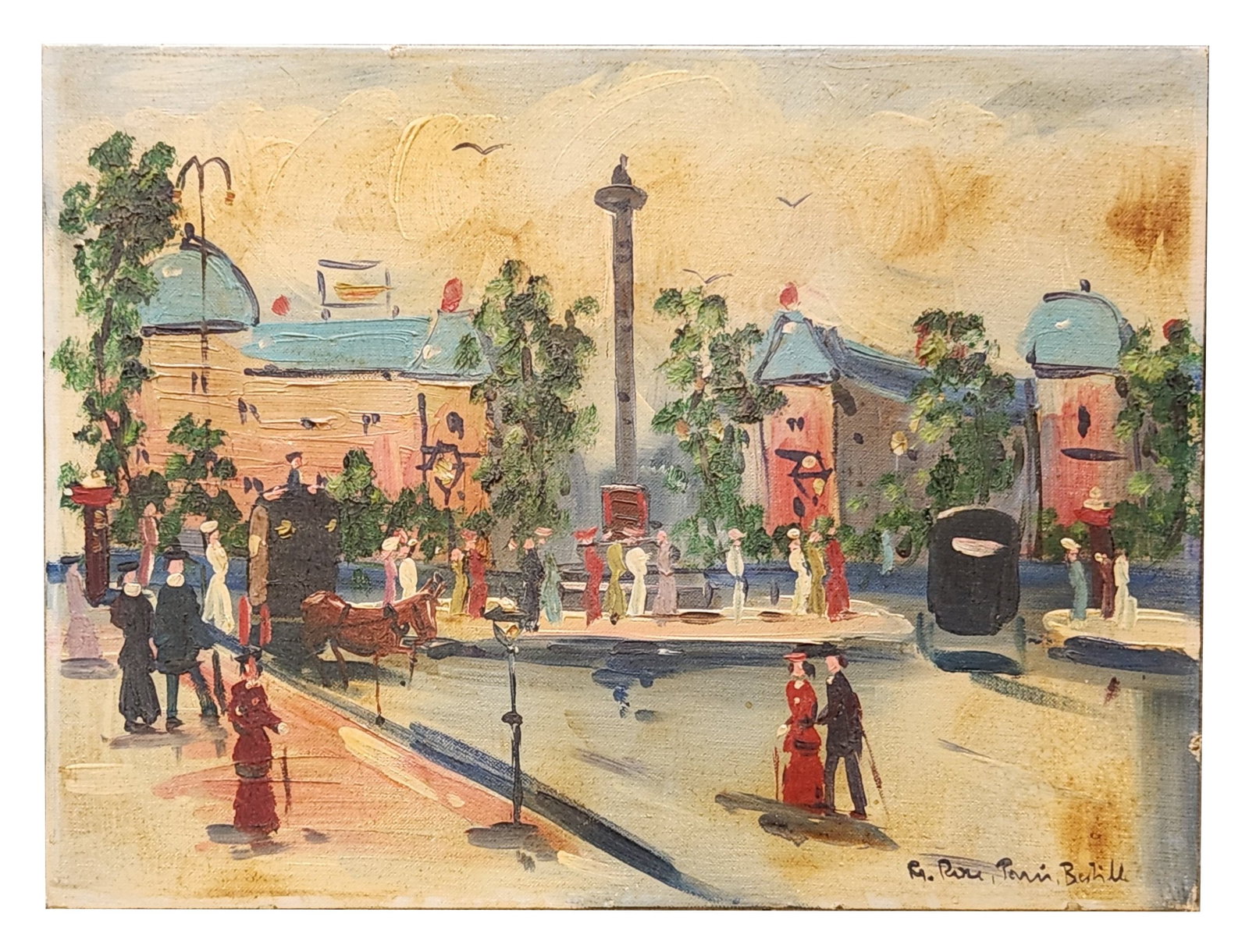 Mid Century "Bastille Paris" Oil Parisian Street Scene & Figures Framed Painting (1 of 6)