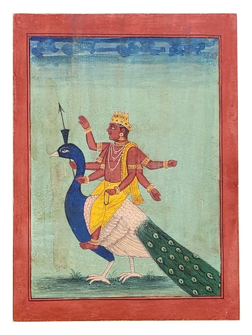 Indian Miniature Painting – Kartikeya on Peacock (Vahana), Hand-Painted, 19th Century Style (1 of 5)