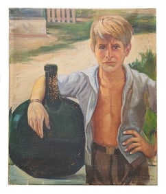 Vintage Oil Painting of a Boy with Demijohn Bottle – Signed & Dated 1940