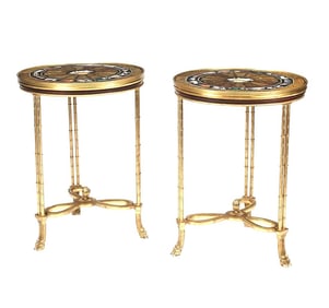 Pair of French Directoire Style Bronze Tables with Pietra Dura Marble Top