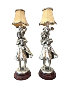Pair of Antique Figural Silvered Lamps on Marble Base