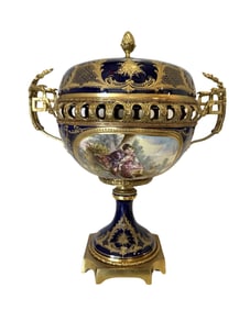 Antique French 19th Century Hand Painted Sevres Porcelain Cobalt Blue Lidded Urn