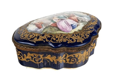 Antique French Sevres Porcelain Cobalt Blue Jewerly Box