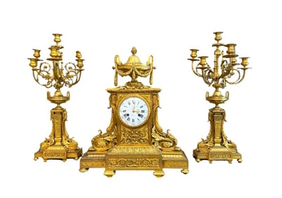 French 19th Century Ormulu Garniture Mantel Clock Set