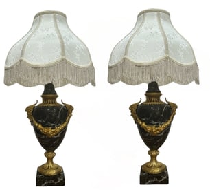 Antique Pair of 19th Century Gilt Bronze and Marble Urn Table Lamps