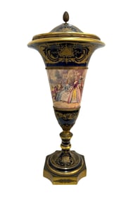 Antique French 19th Century Hand Painted Sevres Porcelain Cobalt Blue Vase