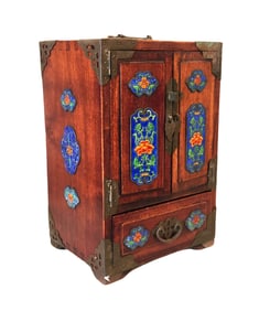 Chinese Wood Jewelry Box Cabinet with Blue Enamel Cloisonne Panels 5 Drawers