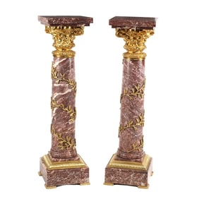 Pair of Neoclassical Style Gilt-Bronze-Mounted Red Marble Corinthian Column Pedestals