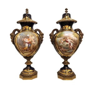 Pair of Antiques French Exceptionals Hand Painted Sevres Porcelain Vases