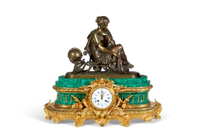 Napoleon III Ormolu Patinated - Bronze and Malachite Mantel Clock
