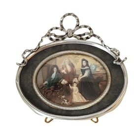 Antique Framed French Hand Painted Miniature Portrait Painting of a Family