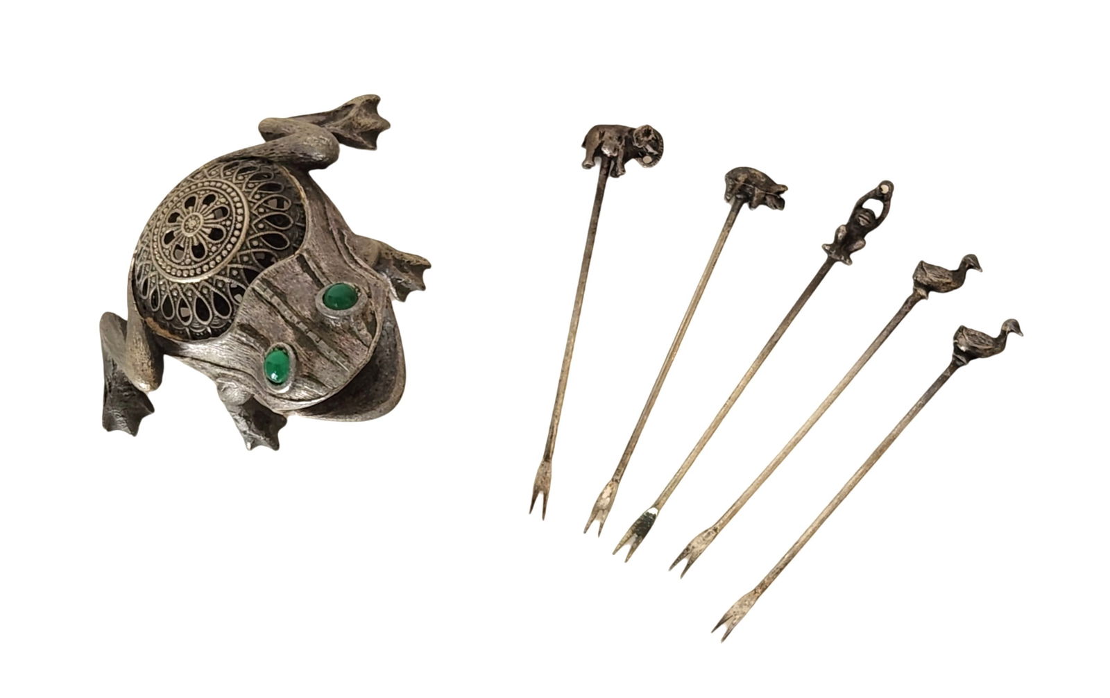 Vintage Silver Frog Toothpick Holder with 6 Animal-Top Cocktail Picks (1 of 5)