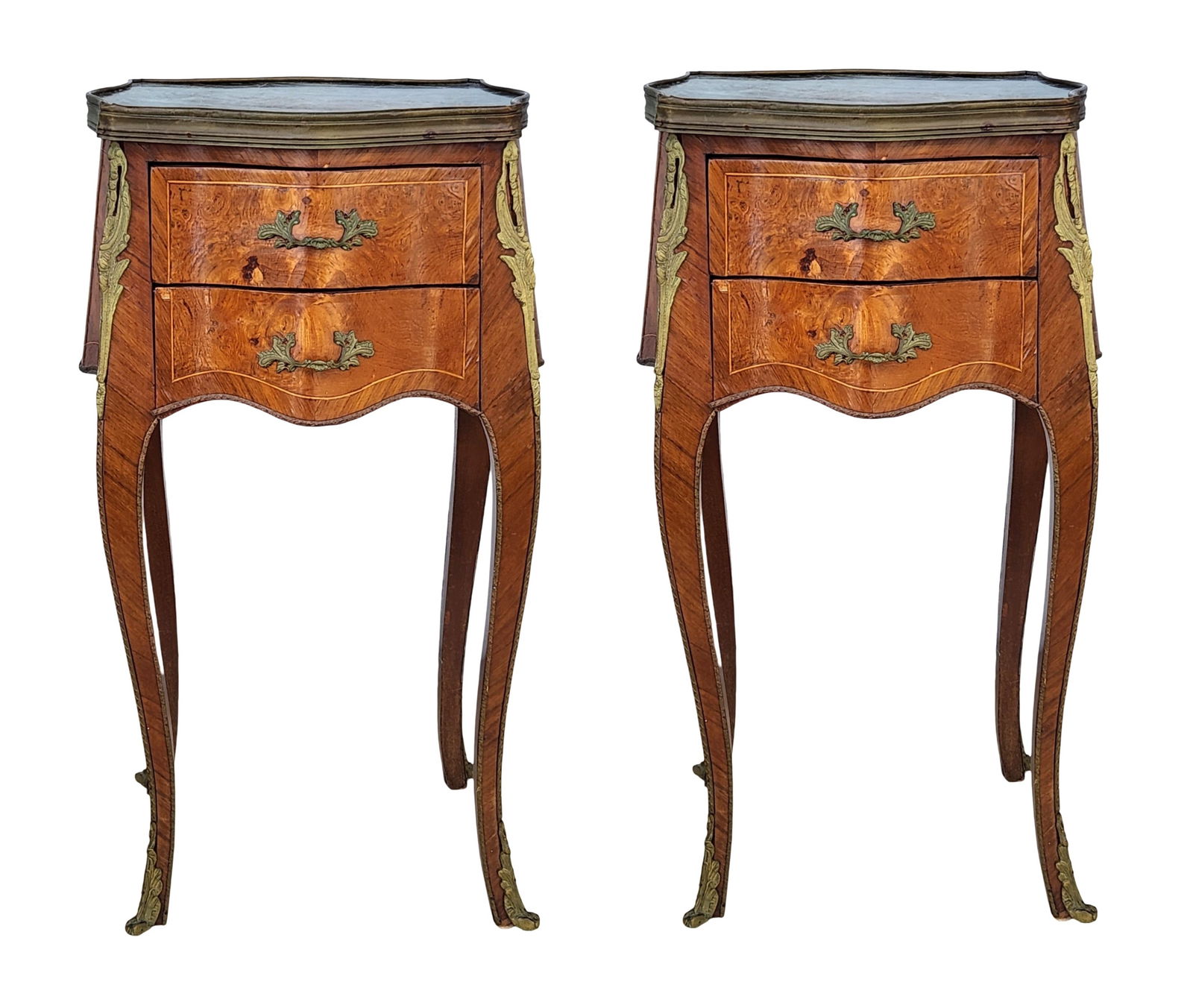 Pair of Antique French Louis XV Style Inlaid Nightstands with Bronze Ormolu Mounts (1 of 12)
