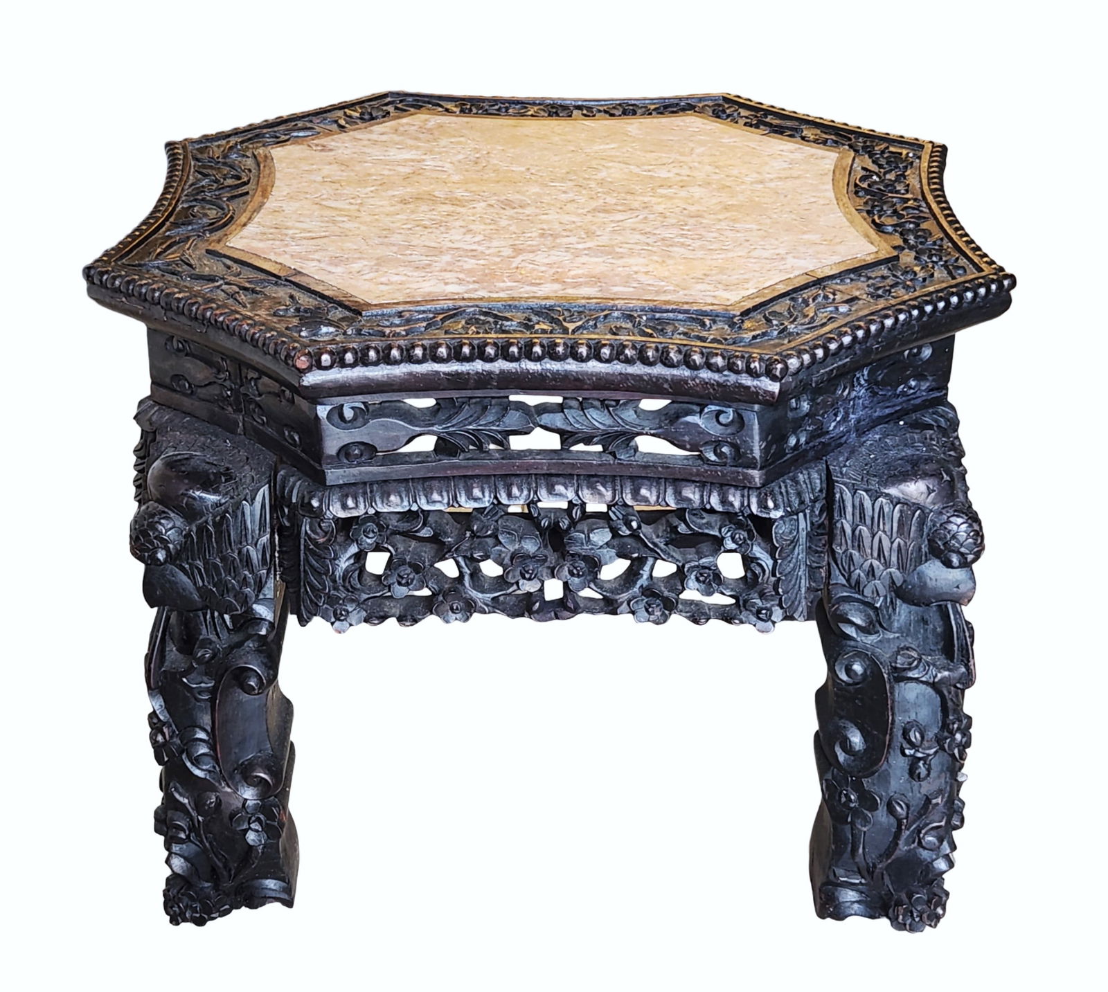 Antique Chinese Carved Rosewood Table with Inset Marble Top – Octagonal Form: Antique Chinese Carved Rosewood Table with Inset Marble Top – Octagonal Form Measure 16"in H x 21 1/2"in W x 21 1/2"in D Impressive antique Chinese table crafted from richly carved rosewood featurin