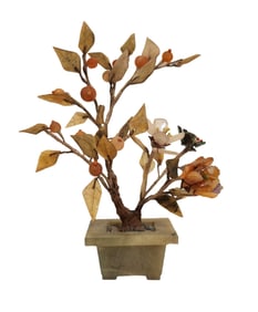Vintage Chinese Jade & Quartz Bonsai Tree Sculpture