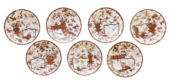 Lot of Seven Antique Japanese Meiji Period Imari Arita Porcelain Plates