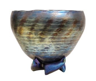 Iridescent Studio Art Glass Bowl with Ribbon Base