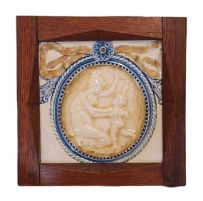 Antique Hand Carved Framed Ceramic Plaque