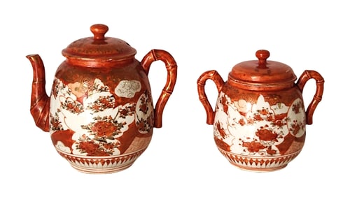 Antique Japanese Meji Kutani Porcelain Teapot and Sugar Pot