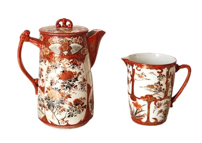 Antique Japanese Meji Kutani Porcelain Coffee Chocolate Pot and Creamer