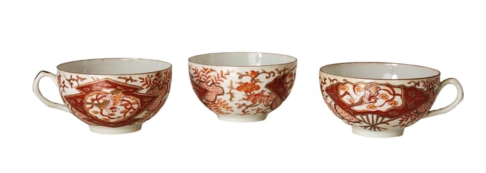 Set of Three Rare Japan Antique Kutani Yaki Kitamura Handpainted Porcelain Tea Cup
