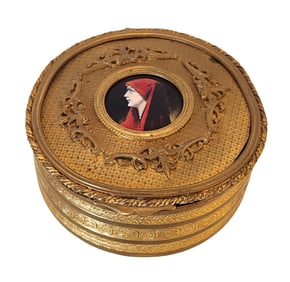 Antique French Gilt Bronze Box with Inlaid Porcelain Plaque