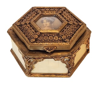 Antique Italian Ormolu Brass and Bone Jewellery Casket/Trinket Box. Brass Filigree with Bone Inlay