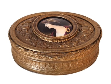 Antique French Gilt Bronze Box with Inlaid Porcelain Plaque