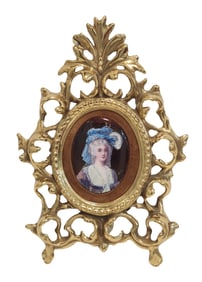 Antique Hand Painted Porcelain Plaque Limoge Style in a Rococo Bronze Frame