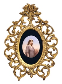 Antique Hand Painted Porcelain Plaque Limoge Style in a Rococo Bronze Frame