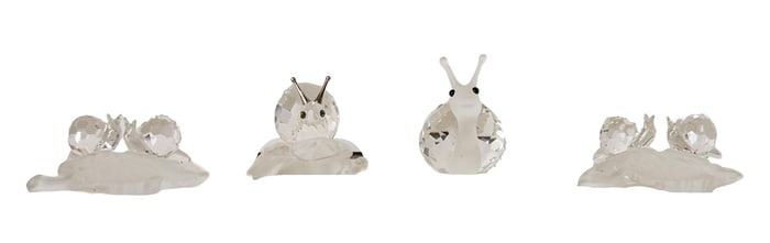 Set of 3 Swarovski and One Crystal Figurine, Snail on a Vine Leaf