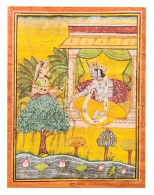Indian Rajasthani Miniature Painting – Krishna & Radha in Garden Pavilion, Hand-Painted, 19th