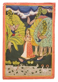 Lady with Peacocks – Traditional Indian Rajasthani or Pahari Miniature Art