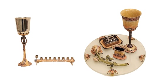 Exceptional Art Nouveau Judaica Set – Amber Glass Kiddush Cup, Menorah & Passover Seder Ensemble,