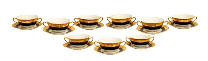 Set of 9 P. Porschaud Limoges Gilded Consomme Cups & Saucers, Cobalt & Gold, Early 20th Century