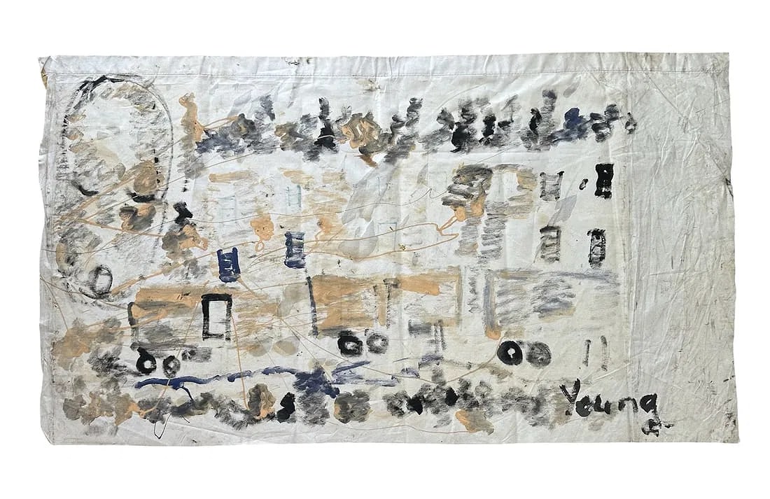 Purvis Young (1943 - 2010) American: Purvis Young (1943 - 2010) American Oil on Fabric Measure 27"in H x 48"in W Known for: Mod naive urban views, installation Name variants: Pervis Young Biography: The work of the urban b