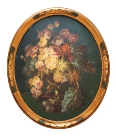 Antique 19th Century Floral Still Life Oil Painting in Gilt Oval Frame
