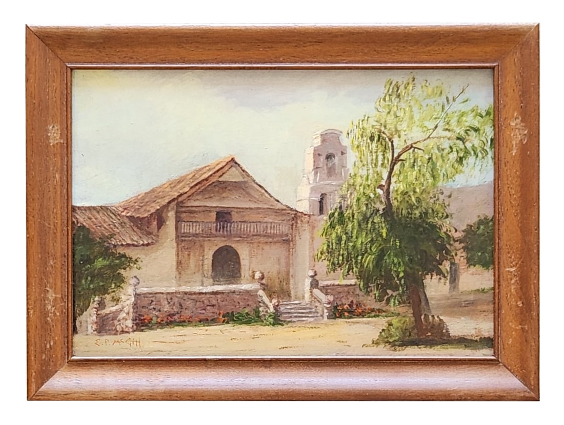 Eloise Polk (E.P.) McGill (1868 - 1939) American: Eloise Polk (E.P.) McGill (1868 - 1939) American Oil on Board Measure 7"in H x 10"in W and 8 1/2"in H x 11 1/2"in W framed Known for: Floral landscape, portrait and miniature painting, teaching Name v