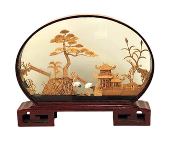Chinese Oval Tabletop Diorama with Hand-Carved Cork Landscape