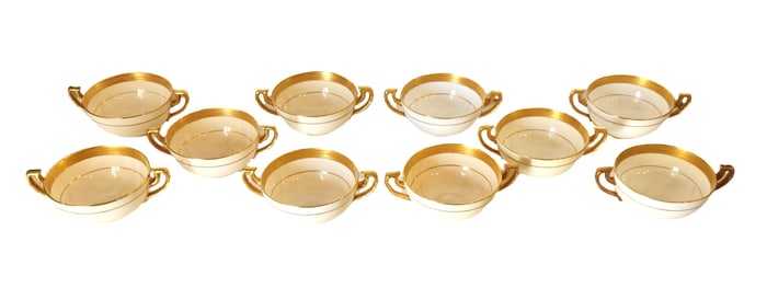 Set of 10 Minton Bone China Double-Handled Consommé Cups with Gilded Accents, c. 1900