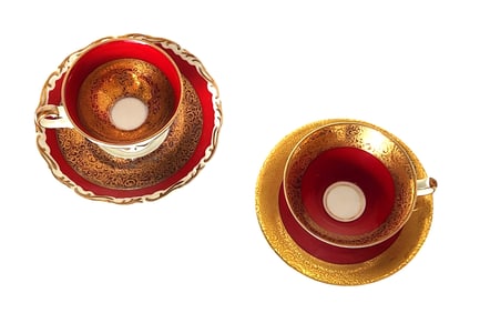 Two Wonderful AL-KA Kunst Kronach Bavaria Germany Red and Gilt Cup and Saucer, c. 1940s
