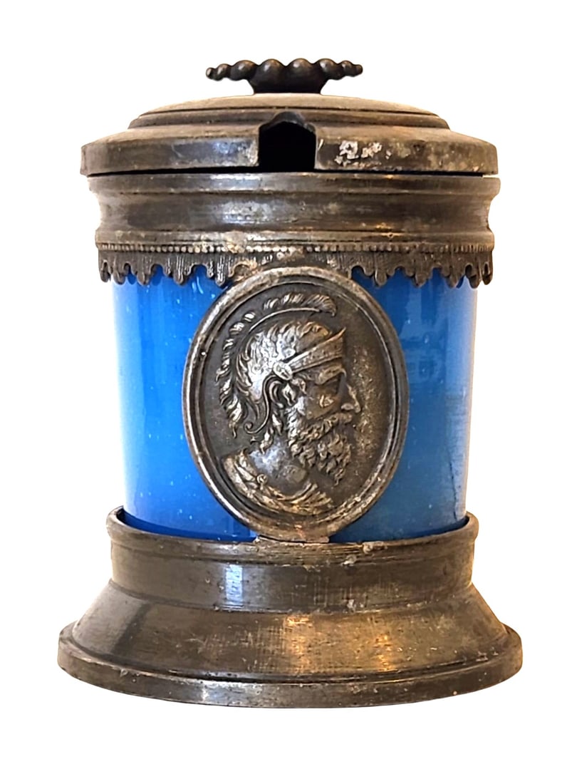 Antique Silverplate and Cobalt Blue Glass Humidor by Reed & Barton: Antique Silverplate and Cobalt Blue Glass Humidor by Reed & Barton A striking antique silverplate and cobalt blue glass humidor or tobacco jar, crafted by the renowned American silversmiths Reed & Bar