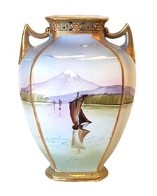 Antique Hand Painted Nippon Scenic Porcelain Vase with Gilded Handles