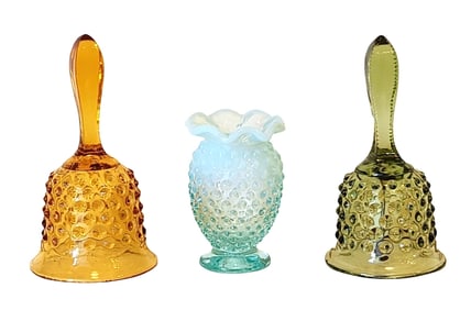 Vintage Fenton Amber Glass Bell & Hobnail Art Glass Trio