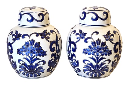 Pair of Blue and White Ceramic Ginger Jars with Floral Motif