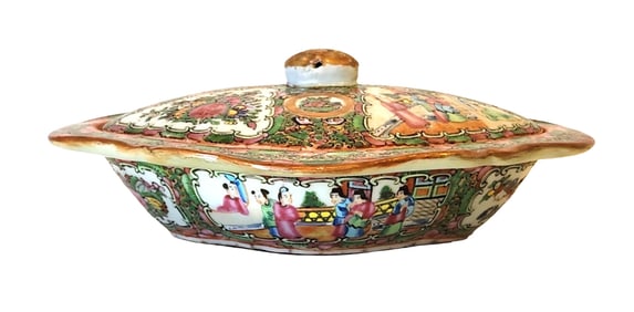 Antique Chinese Rose Medallion Covered Dish – Hand Painted Famille Rose