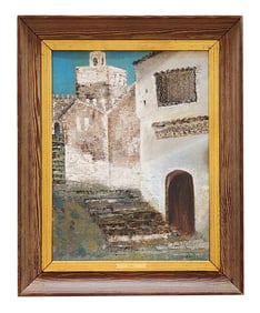 Signed EME 1962 Textured Oil Painting – Spanish Village Scene