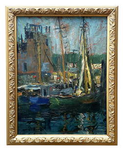 Emile Albert Gruppe (1896 - 1978) American: Emile Albert Gruppe (1896 - 1978) American Title: Sailboats at Dock Oil on Board Measure 13"in H x 10"in W and 15"in H x 12"in W with frame Biography: Born in Rochester, New York, Emile