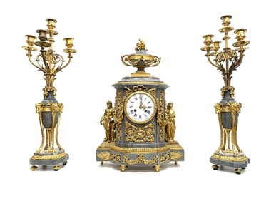 Louis XVI Style Gilt Bronze Mounted Blue Turquin Marble Three Piece Clock Garniture Paris Circa 1875