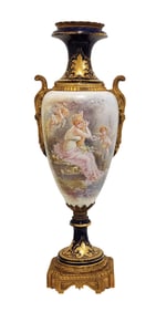 Antique Sevres-Style Porcelain and Gilt Bronze Vase with Hand-Painted Scene